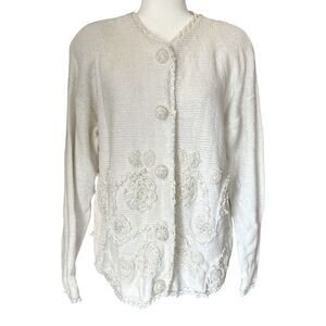 Vintage Lisa International White Knit Lace Cardigan Beaded Button Floral Large